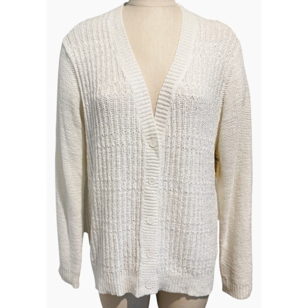 Coldwater Creek Women's Ivory Ribbon Yarn Knit Cardigan Sweater Size 16 XL